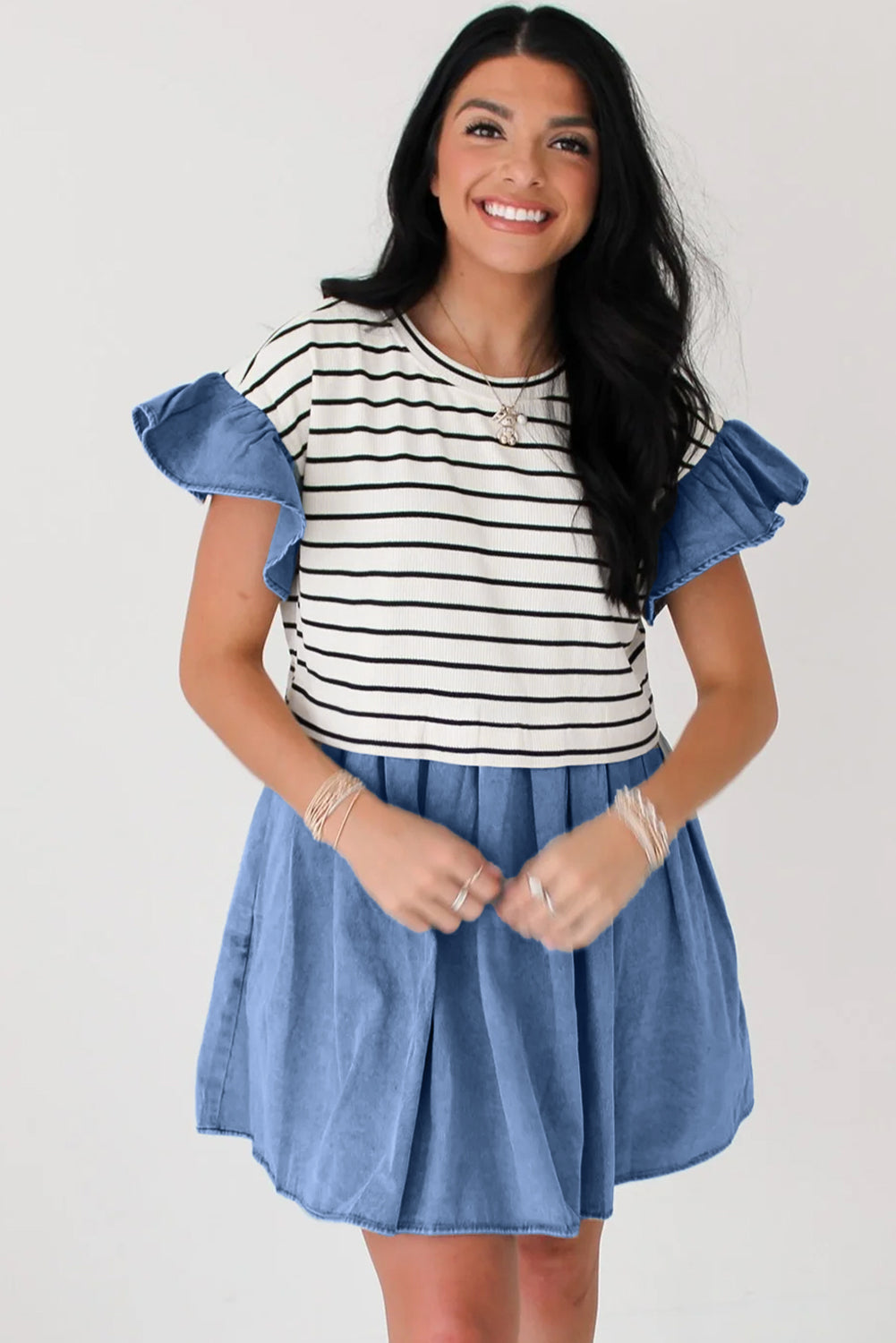 Striped Ruffle Denim Patchwork Round Neck Mini Dress