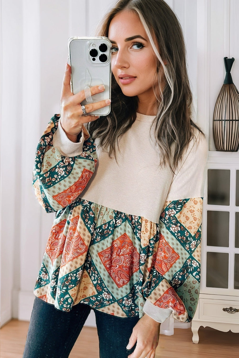 Paisley Geometric Patchwork Crew Neck Loose Fit Top