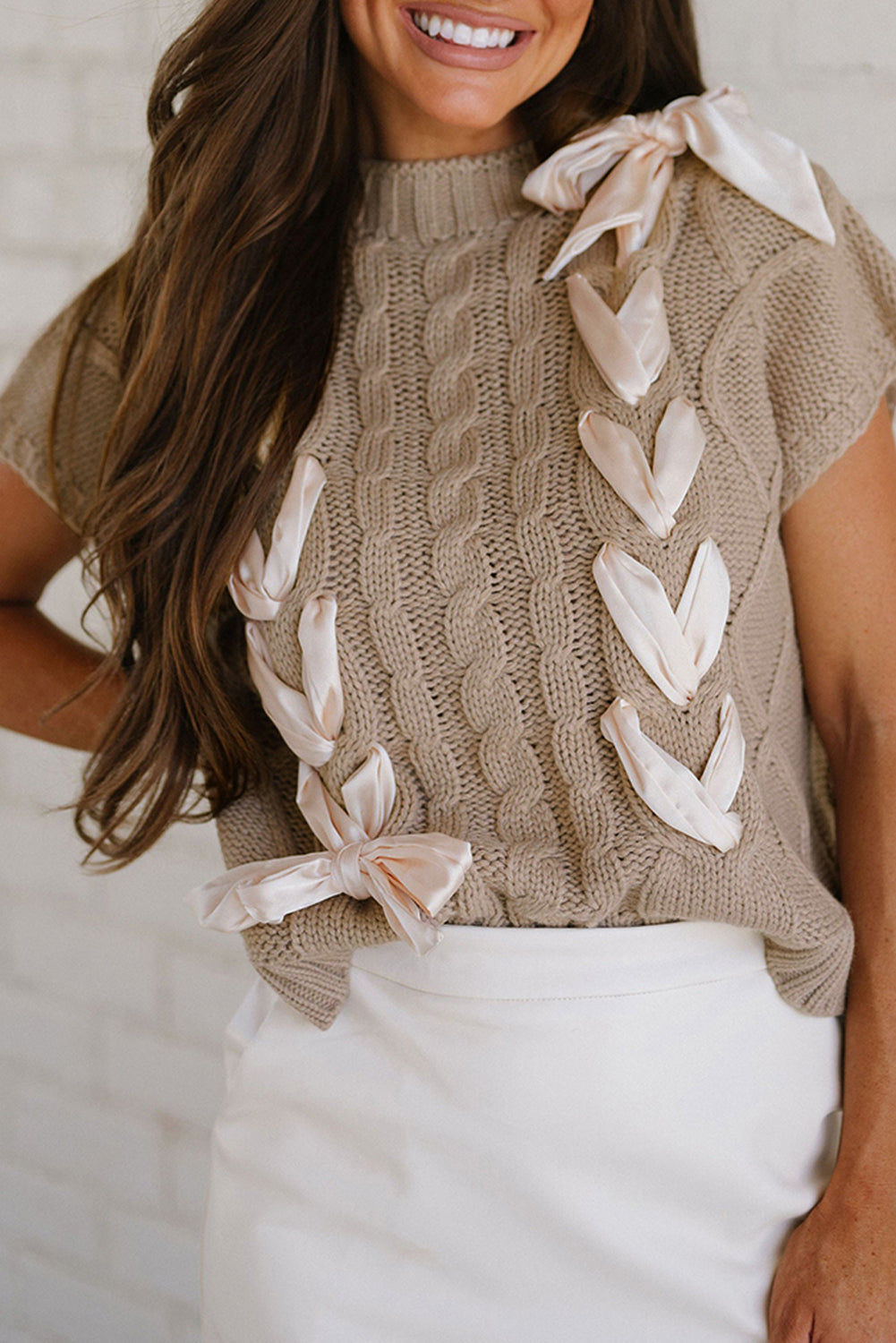 Cable Knit Satin Bowknot Sweater Bowvia