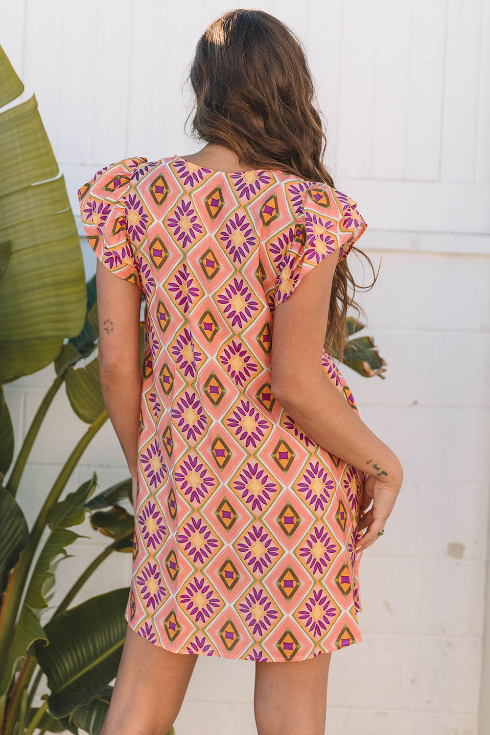 Tangerine Geometric Floral V Neck Buttoned Ruffled Sleeve Mini Dress