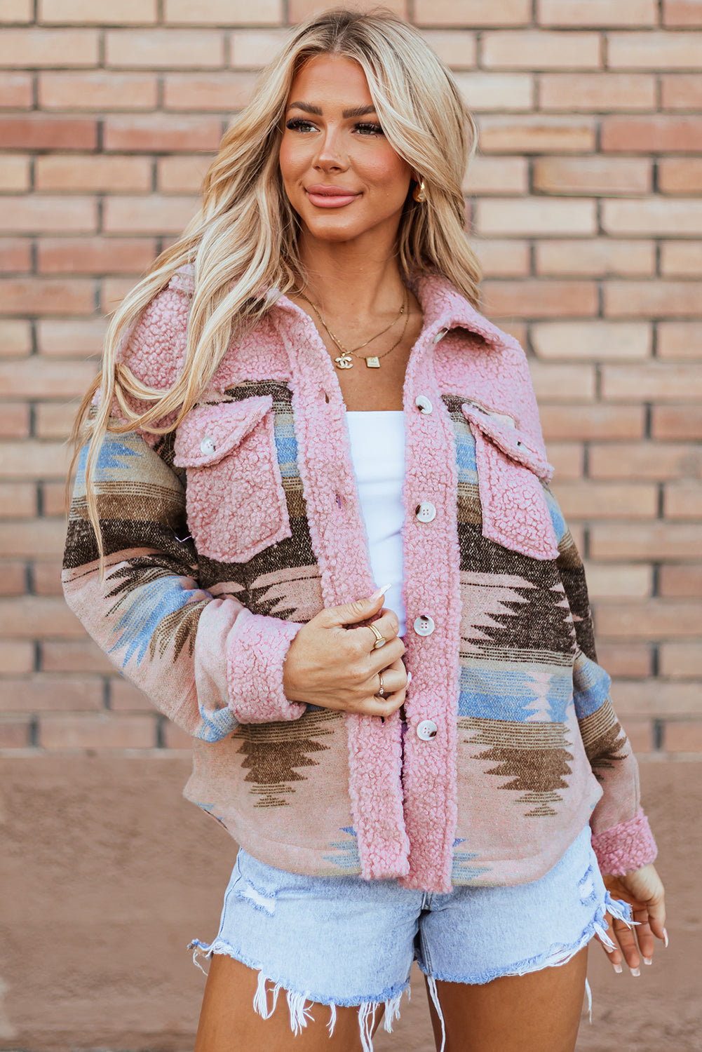 Pink Or Khaki Western Aztec Print Sherpa Splicing Buttoned Flap Pocket Coat