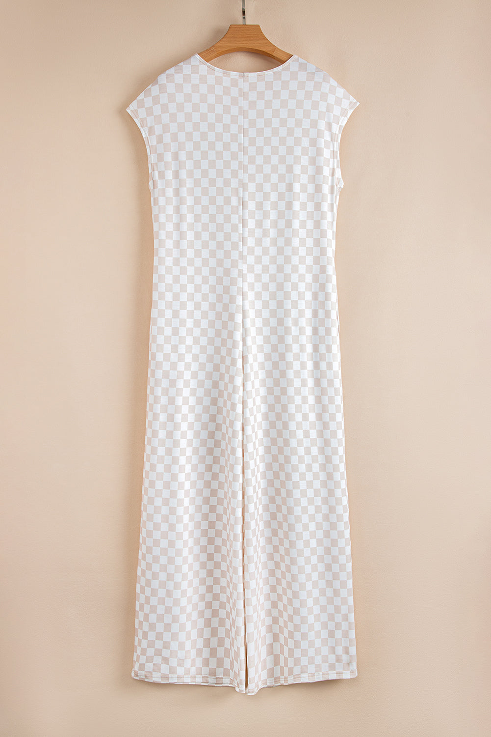 Brown Checkered Print Buttoned Crew Neck Wide Leg Jumpsuit