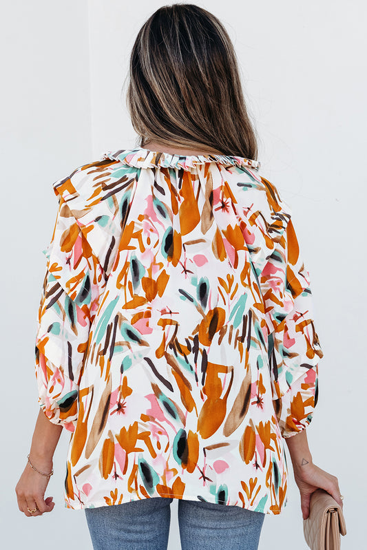 Abstract Print Drawstring Frilled V Neck 3/4 Sleeve Blouse