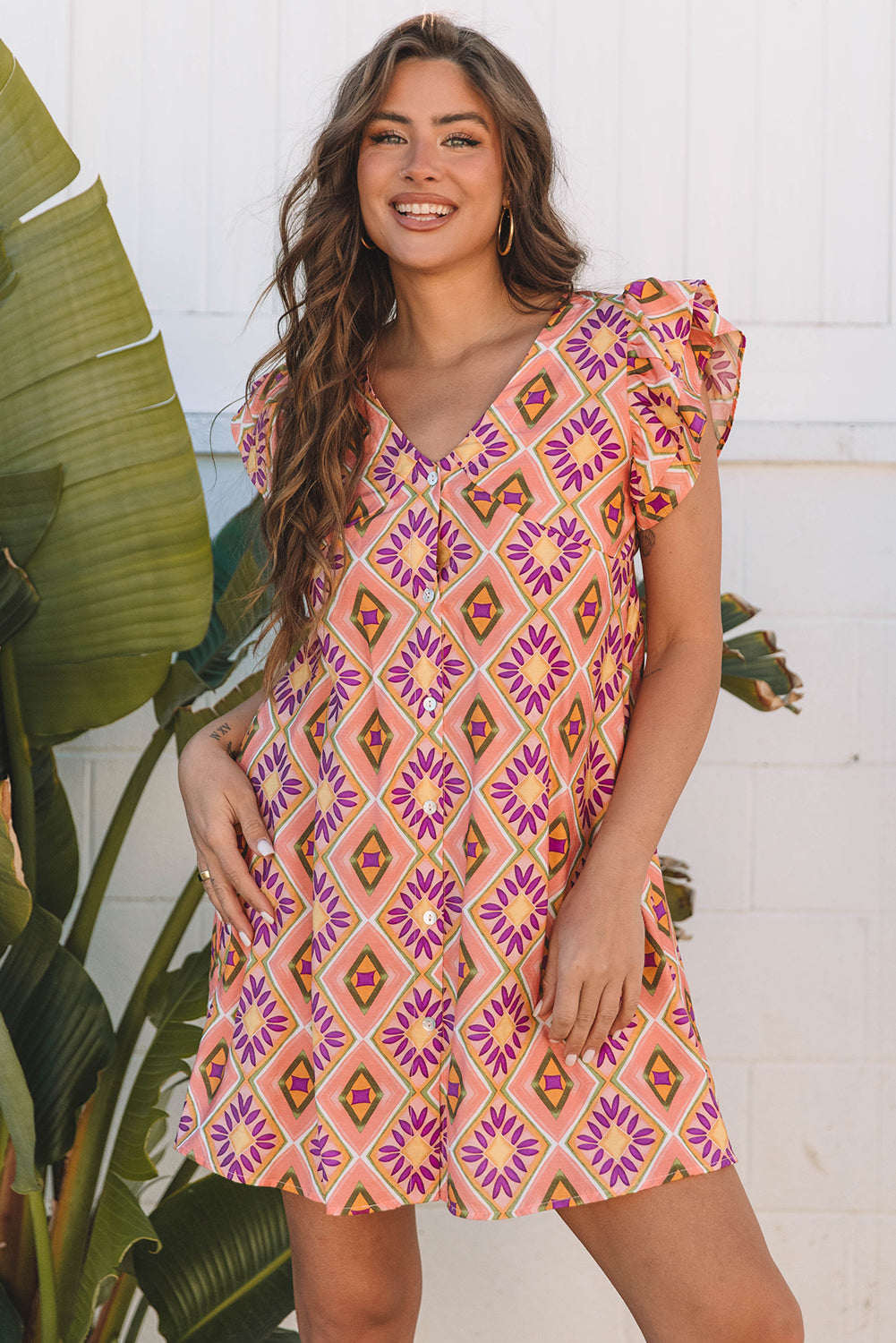 Tangerine Geometric Floral V Neck Buttoned Ruffled Sleeve Mini Dress