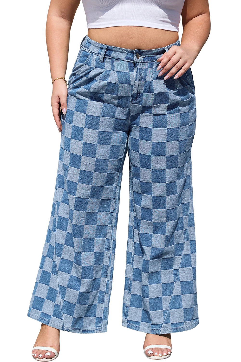 Plus Size Checkered Seamed High Waist Wide Leg Jeans