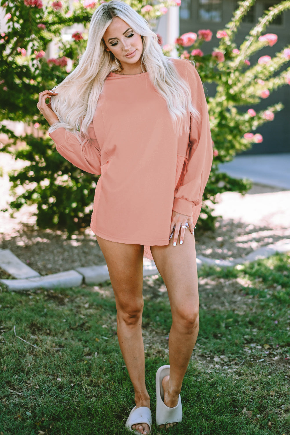 Coral Pink Splicing Raw Hem High Low Oversized Blouse