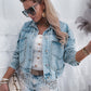 Sky Blue Rivet Studded Pocketed Denim Jacket