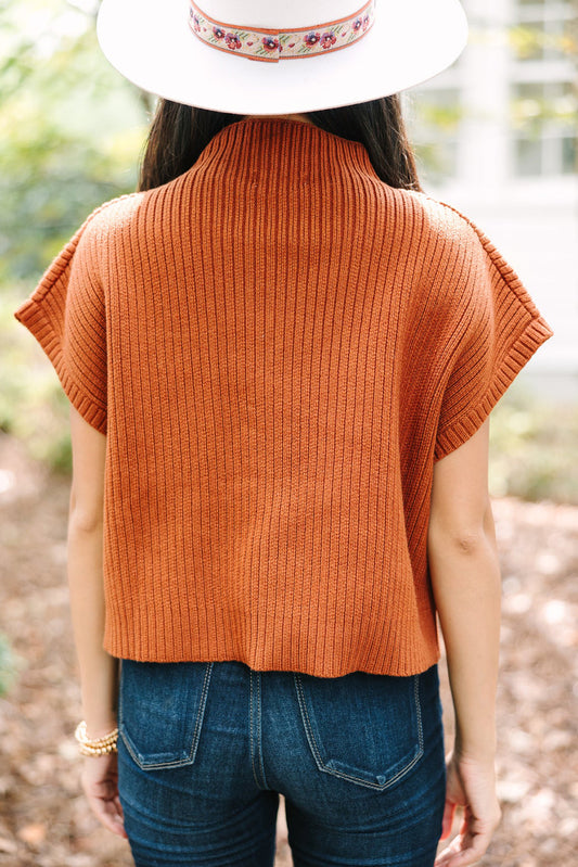 Burnt Orange Patch Pocket Ribbed Knit Short Sleeve Sweater