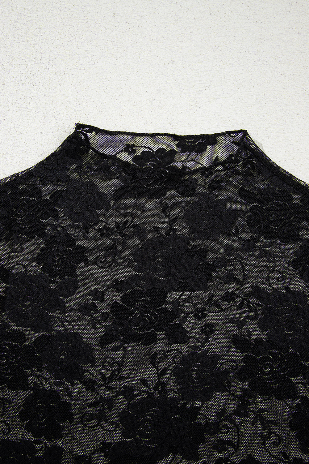 Black Sheer Floral Lace Mesh Mock Neck Long Sleeve Top