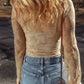 Apricot Lace Mesh Crochet Splicing Slim Fit Long Sleeve Blouse