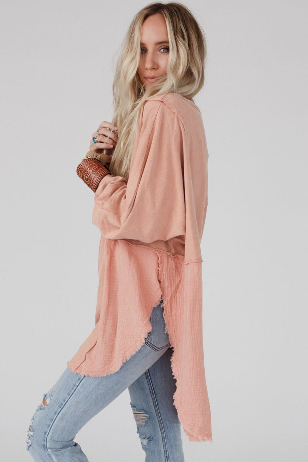 Coral Pink Splicing Raw Hem High Low Oversized Blouse