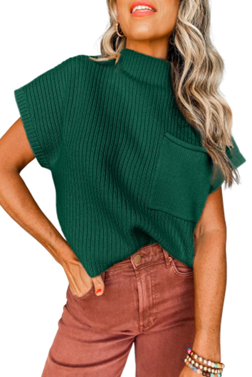 Deep Green Patch Pocket Ribbed Knit Short Sleeve Sweater