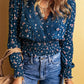 Blue Lace Trim V Neck Floral Smocked Long Sleeve Blouse