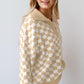 Pink Checkered Buttons Collar V Neck Drop Shoulder Sweater