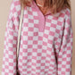 Pink Checkered Buttons Collar V Neck Drop Shoulder Sweater