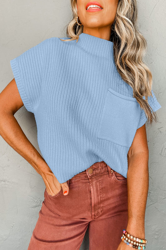 Beau Blue Patch Pocket Ribbed Knit Short Sleeve Sweater