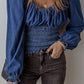 Dark Blue Smocked Ruffled Puff Sleeve V Neck Denim Blouse