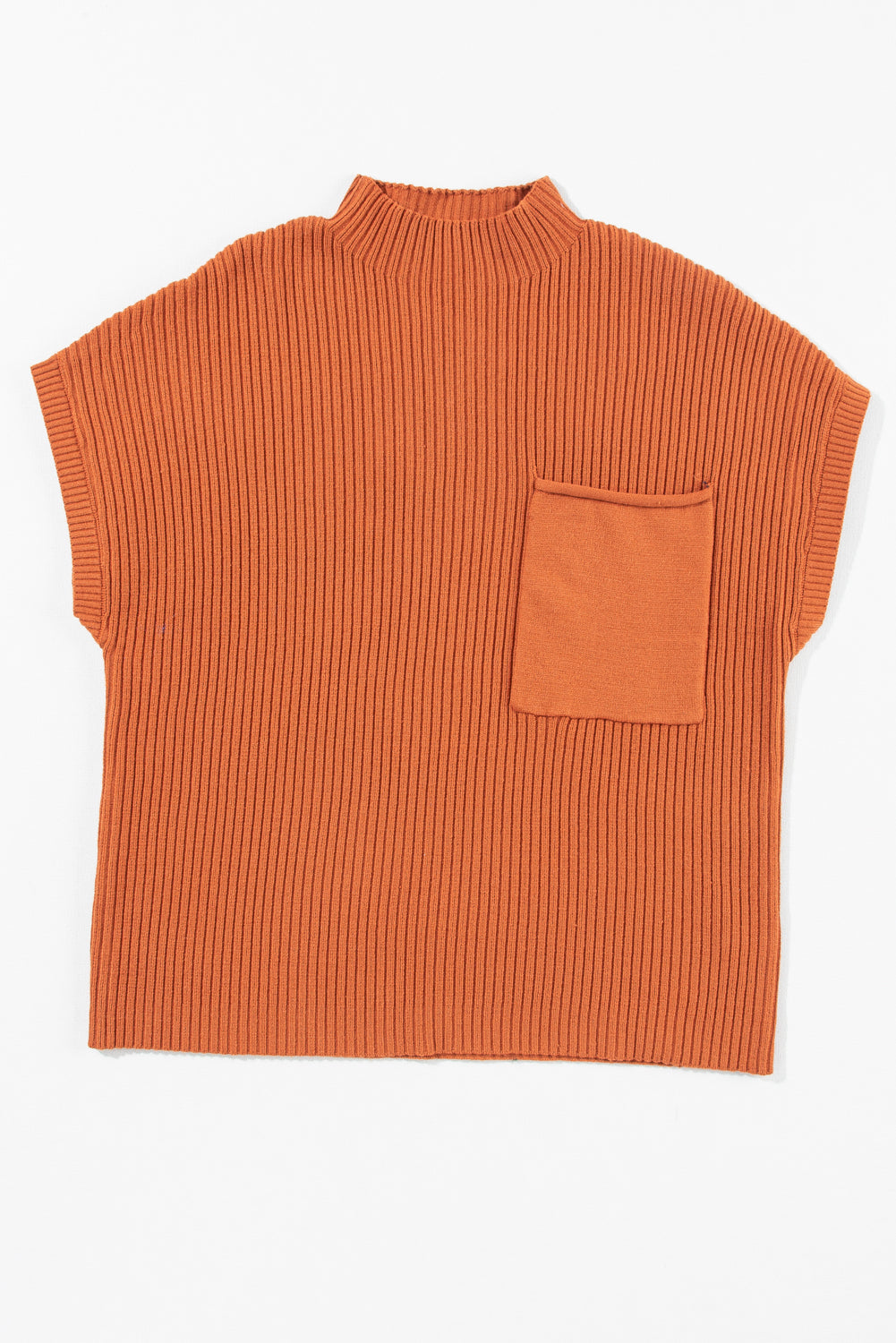 Burnt Orange Patch Pocket Ribbed Knit Short Sleeve Sweater