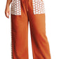 Gold Flame Plus Size Floral Crochet Patch Drawstring Wide Leg Pants