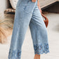 Dusk Blue Embroidered Cropped Wide Leg High Waist Jeans