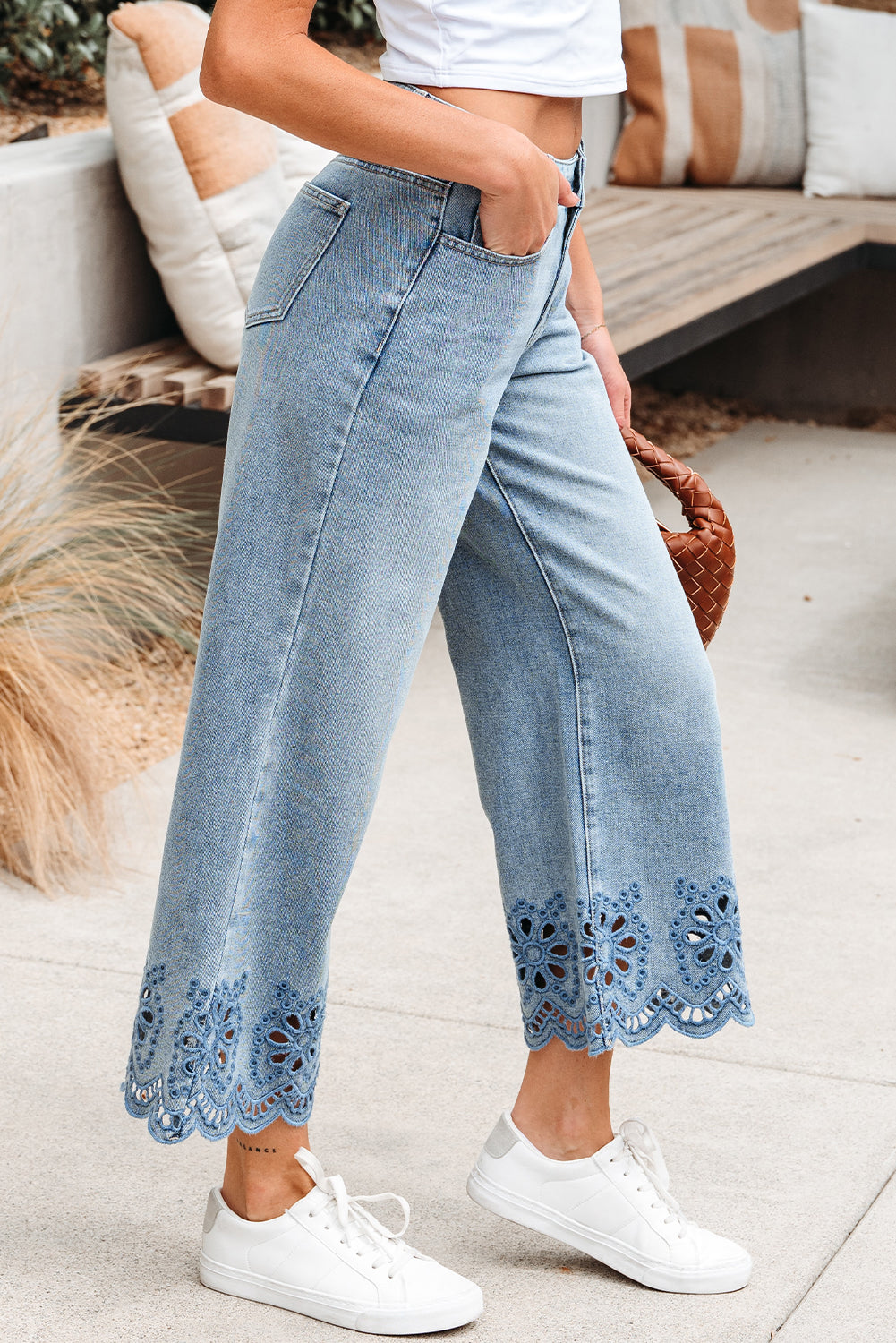 Dusk Blue Embroidered Cropped Wide Leg High Waist Jeans
