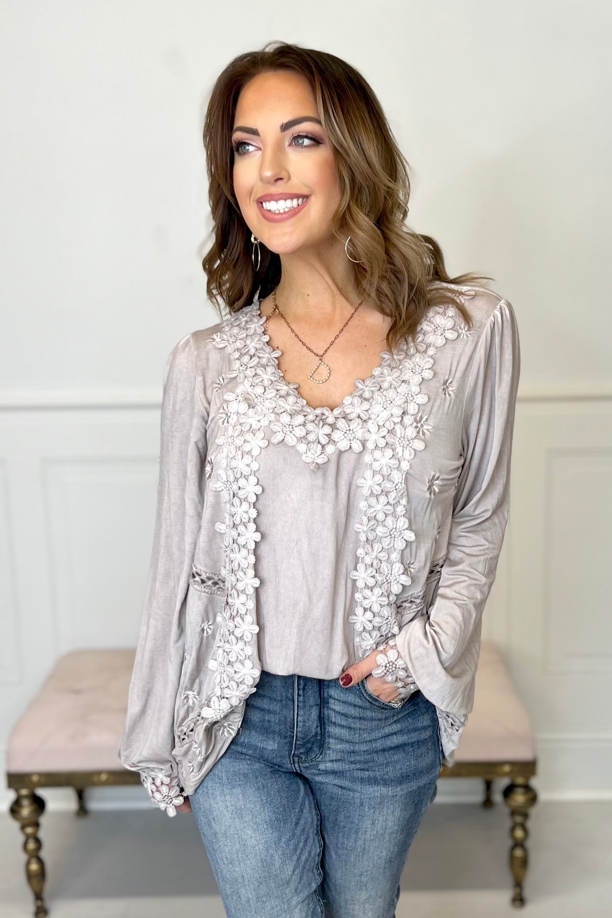 POL Floral Embroidery Woven Top with Lace Trim
