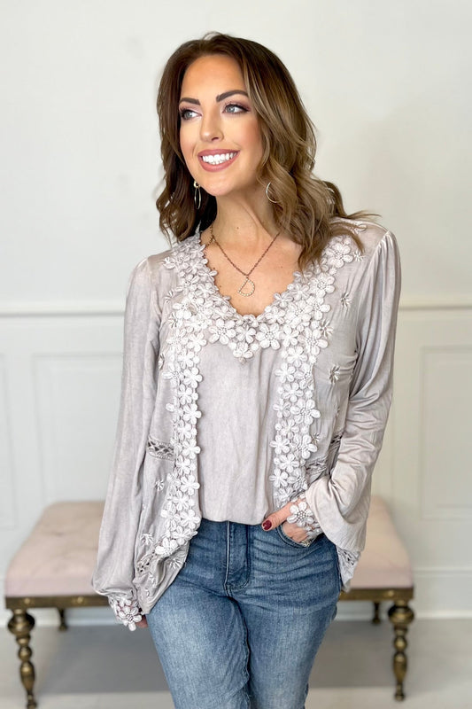 POL Floral Embroidery Woven Top with Lace Trim