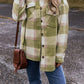 Mellow Green Plaid Print Buttoned Flap Pockets Baggy Shacket