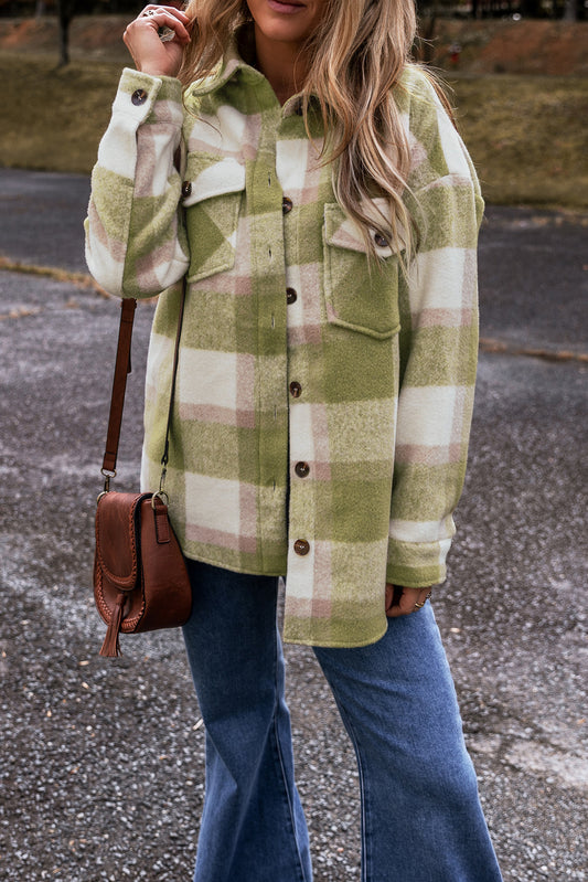 Mellow Green Plaid Print Buttoned Flap Pockets Baggy Shacket