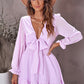 Deep V Neck Lantern Sleeve Knotted Tiered Mini Dress