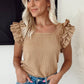 Smoke Gray Ruffled Tiered Sleeve Square Neck Textured Top