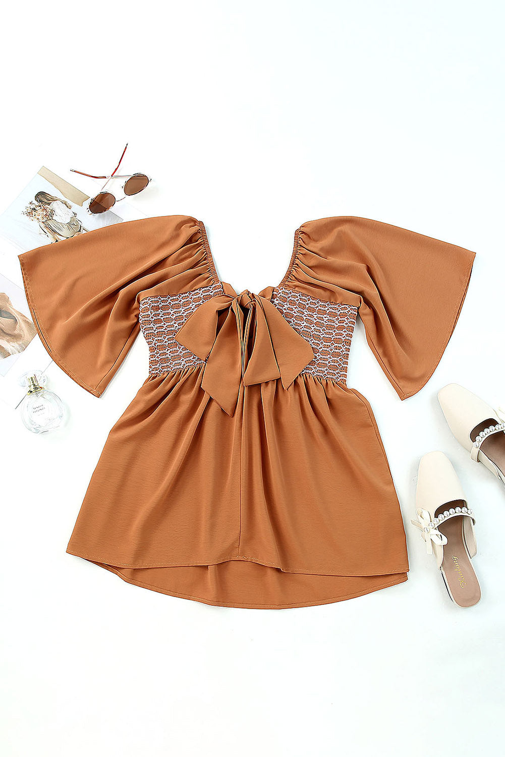 Dusty Tan Square Neck Wide Sleeves Flowy Top