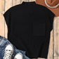 Black Patch Pocket Ribbed Knit Short Sleeve Sweater