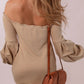 Smoke Gray Off Shoulder Rib Knit Balloon Sleeve Sweater Dress