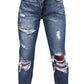 Navy Blue Light Wash Frayed Slim Fit High Waist Jeans