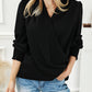 Black Solid Surplice Neck Shirred Cuffs Draped Blouse