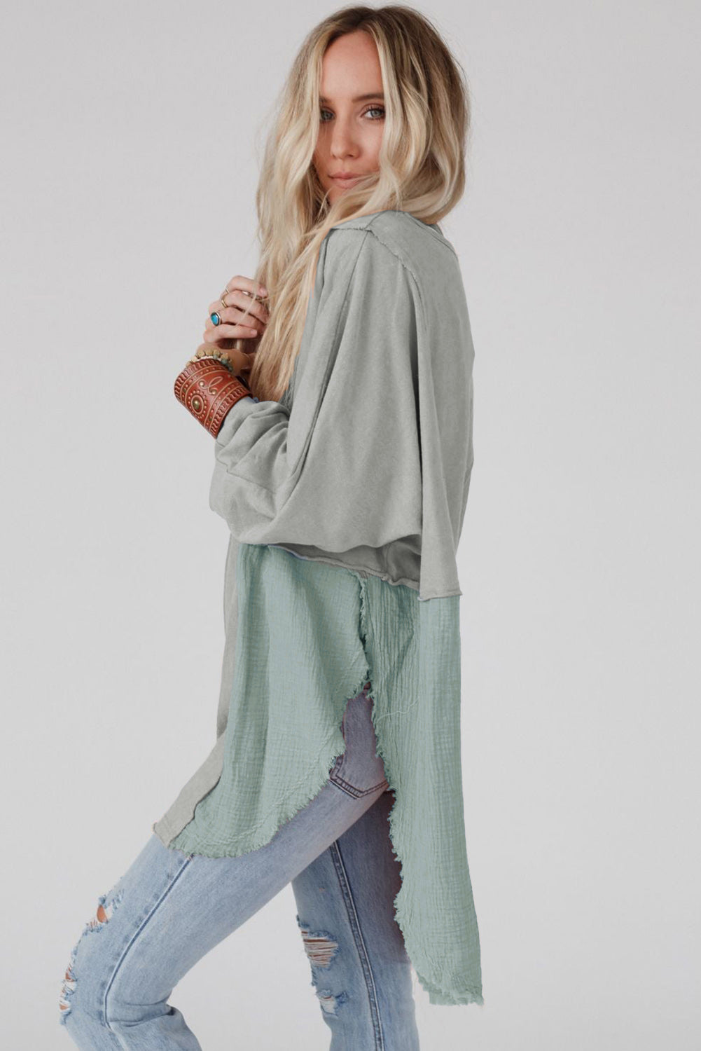 Sage Splicing Raw Hem High Low Oversized Blouse