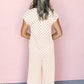 Brown Checkered Print Buttoned Crew Neck Wide Leg Jumpsuit