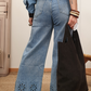 Dusk Blue Embroidered Cropped Wide Leg High Waist Jeans