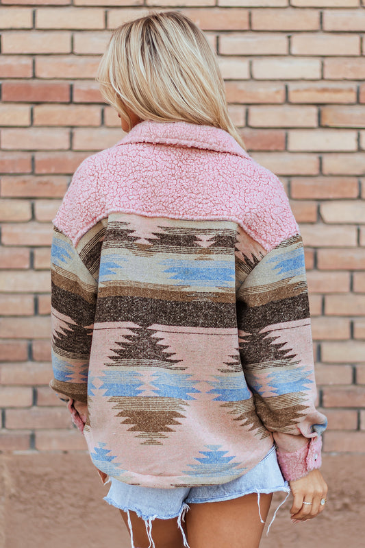 Pink Or Khaki Western Aztec Print Sherpa Splicing Buttoned Flap Pocket Coat