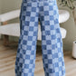 Dusk Blue Checkered Denim Wide Leg Jeans
