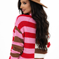 Pink Stripe Color Block High Neck Drop Shoulder Loose Sweater