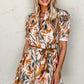 Abstract Printed Puff Sleeve Button Up Braided Belt Mini Dress