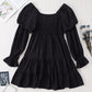 Black Boho Solid Shirred Ruffle Mini Dress