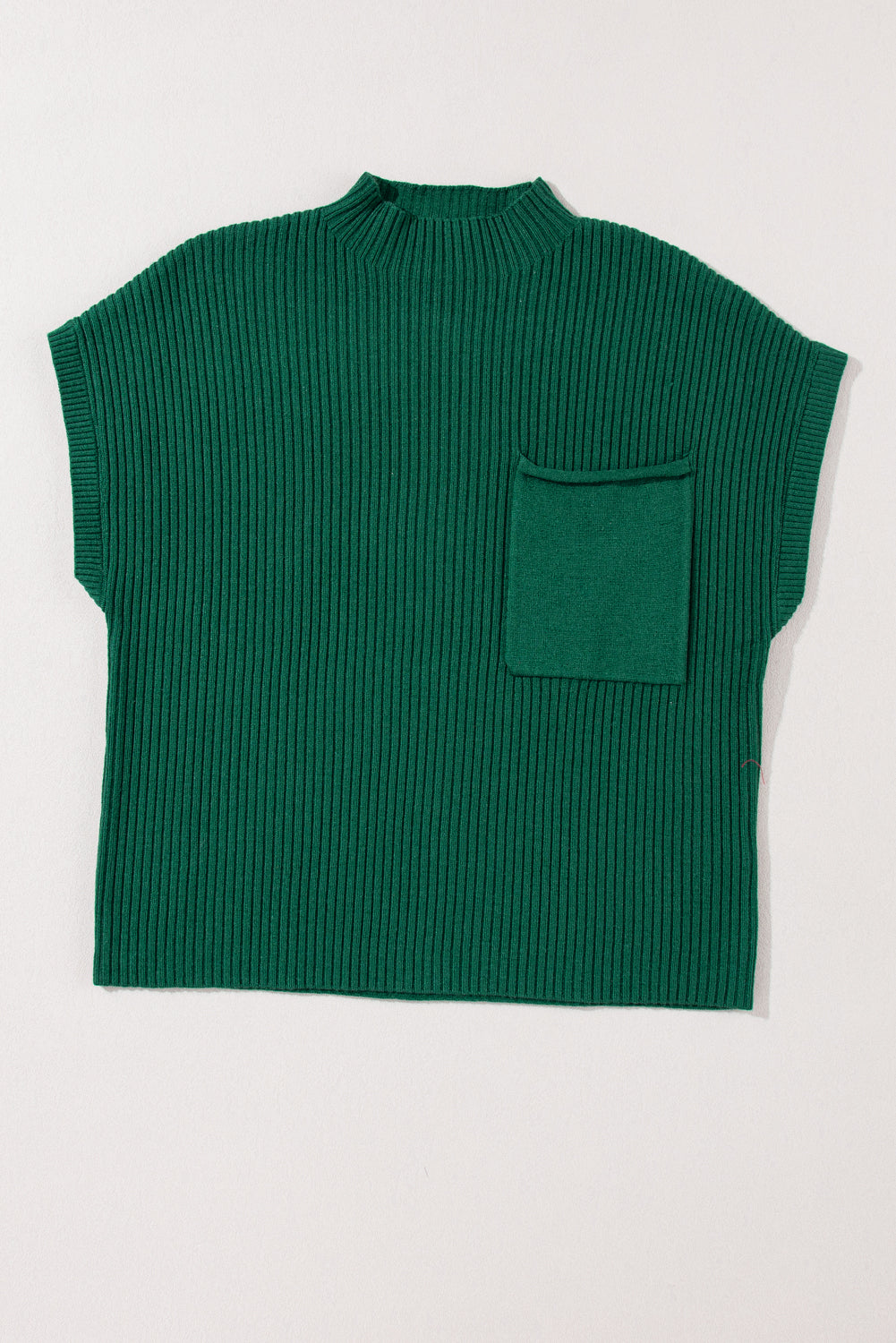 Deep Green Patch Pocket Ribbed Knit Short Sleeve Sweater