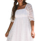 White Floral Lace Puff Sleeve Empire Waist Mini Dress