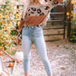 Leopard Colorblock Patchwork V-Neck Loose Sleeve Knit Top