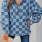 Checkered Half Zip Denim Hoodie Top