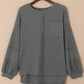 Gray Exposed Seam Patchwork Bubble Sleeve Waffle Knit Top