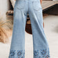 Dusk Blue Embroidered Cropped Wide Leg High Waist Jeans